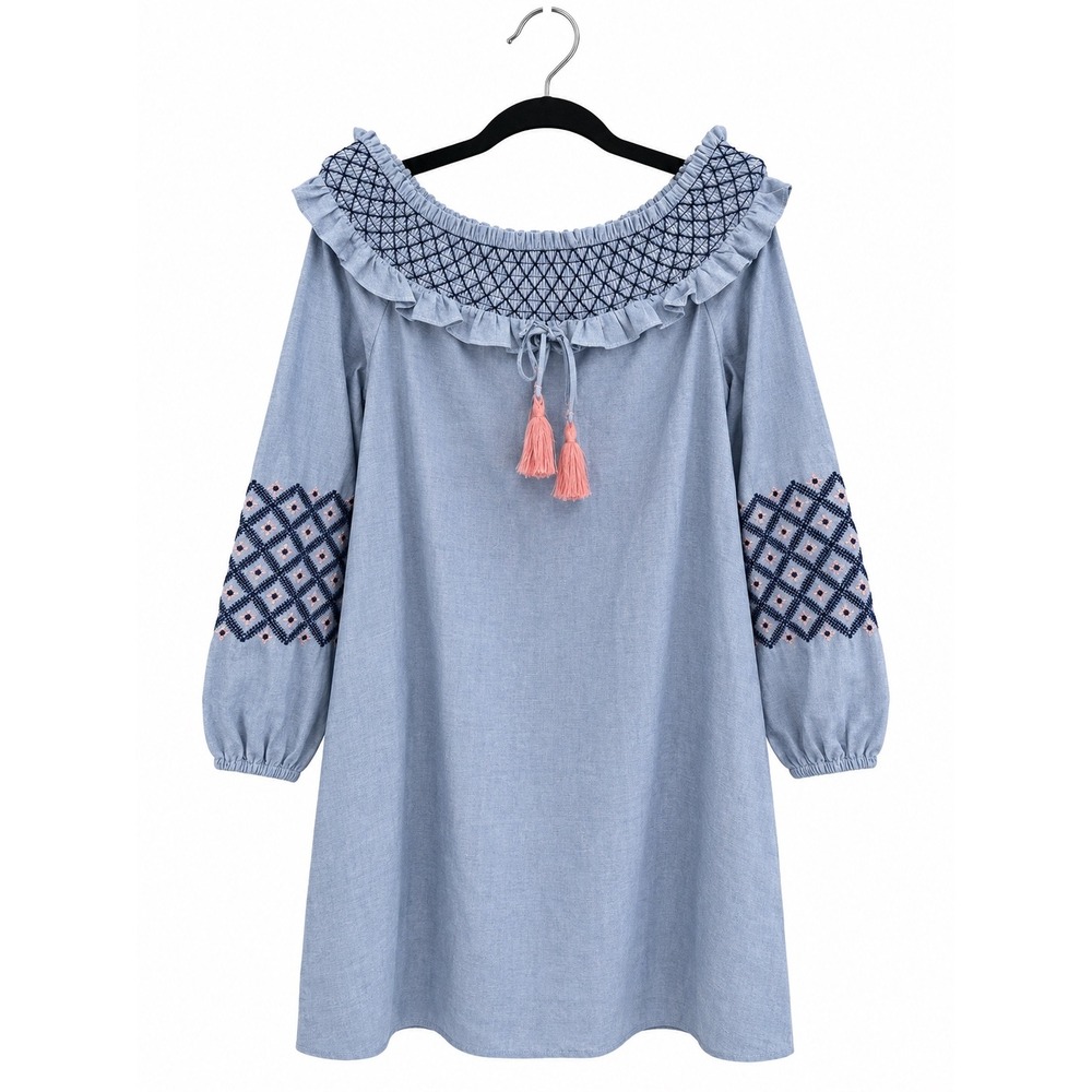 Rebecca Minkoff Goldie Chambray Off Shoulder Embroidered Mini Dress Blue Medium